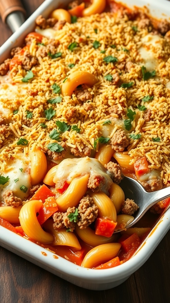 A hearty casserole with pasta, meat, and vegetables topped with cheese, on a wooden table.